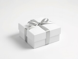 Obraz premium Elegant white gift box tied with a shimmering silver ribbon, perfect for birthdays, weddings, or special occasions against a clean neutral backdrop
