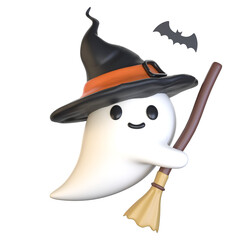 3d adorable ghost character halloween witch with broom and Bat
