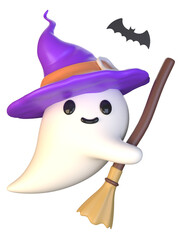 3d adorable ghost character Cute halloween witch flying on broom