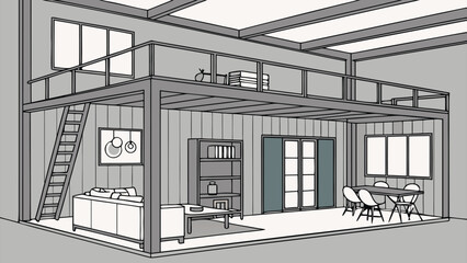 Modern Shipping Container House Interior Design Vector Art, Creative and Stylish Container Home Layouts, Minimalist Industrial Decor, and Functional Space Planning Illustrations