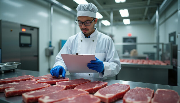 Scientist Inspecting Raw Meat for Food Safety in Laboratory