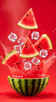 Refreshing watermelon slices exploding with juicy water and ice cubes creates a dynamic summer splash perfect for vibrant beverage advertising and healthy lifestyle promotions.