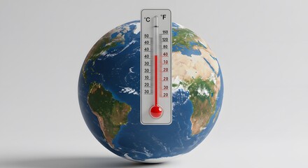 The Earth with a thermometer, highlighting the concept of global warming. The thermometer indicates a rise in temperature, symbolizing the urgent need for environmental protection