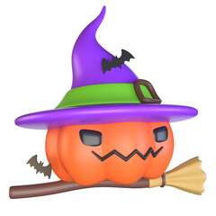 Halloween pumpkin with witch hat on a broomstick 3d element