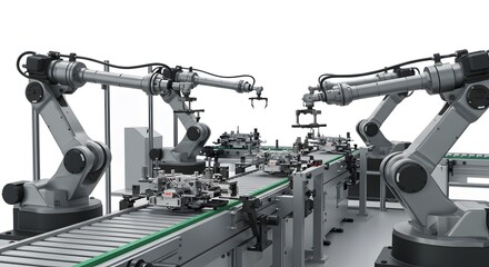 Fototapeta premium Industrial robots assembling components on an automated production line, showcasing efficiency and precision