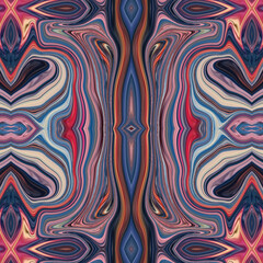 Vibrant abstract symmetrical pattern in pink, blue, and red tones with diamond shapes, offering modern kaleidoscopic fluid art. Keywords highlight abstract, pattern, symmetry, colorful, modern.