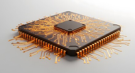 A close-up image of a computer processor chip, highlighting its intricate electronic circuits. The chip has a square shape and a black central processing unit