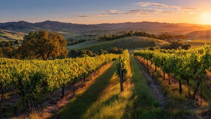 Fototapeta premium Vineyard at sunrise, rolling hills