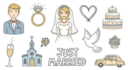 Charming hand drawn wedding elements featuring a bride and groom ring cake church and car