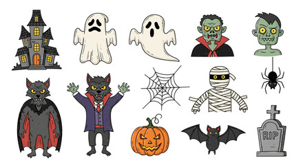 Collection of spooky halloween characters and icons including a haunted house ghosts vampires zombies werewolf mummy pumpkin bat spider and tombstone