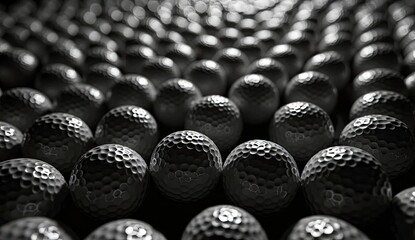 monochromatic, high-contrast photograph featuring a pattern of golf balls. tightly packed arrangement, with the golf balls filling the entire frame, creating a sense of depth and repetition.