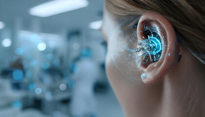 Focused image of a neural implant device embedded behind the ear set against a softly blurred medical lab environment showing futuristic braincomputer integration