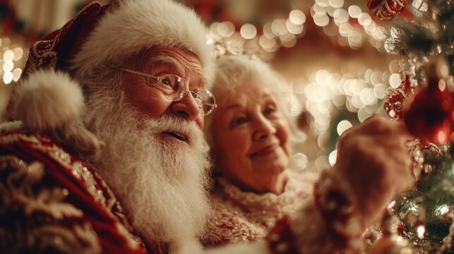 Couple celebrating Christmas joyfully beside a beautifully decorated Christmas tree - Powered by Adobe