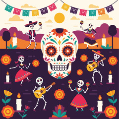 Day of the dead themed card with skeletons dancing and playing music. Bright day of the dead illustration with skull, marigolds, candles and papel picado.