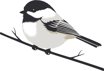 A digital illustration of a black-capped chickadee perched on a thin branch. The bird is depicted in a pixel art style, with distinct black, white, and gray pixels forming its plumage. © Muntaha Studio