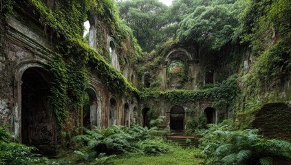 Fototapeta premium Lush overgrown ruins. A crumbling structure enveloped in verdant vegetation. Ancient stone walls, arched doorways, and crumbling interiors are hidden within the dense foliage.
