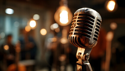 Close up view of a vintage microphone capturing audio, surrounded by blurred figures and warm lighting, evoking the atmosphere of a professional recording studio