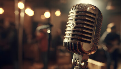 Close up view of a vintage microphone capturing audio, surrounded by blurred figures and warm lighting, evoking the atmosphere of a professional recording studio