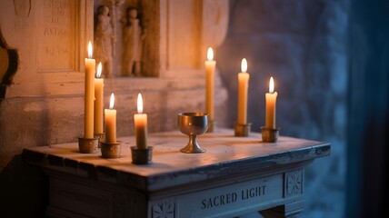 A serene arrangement of candles and chalice, evoking a sense of spirituality.