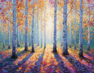 Obraz premium Autumn birch forest bathed in sunlight