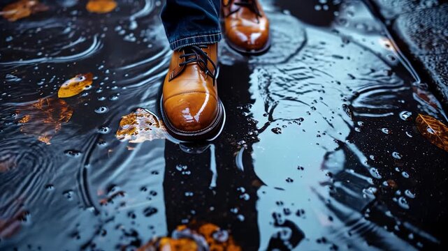 Stylish brown leather shoes walking through a puddle with autumn leaves and water reflections on a rainy day.