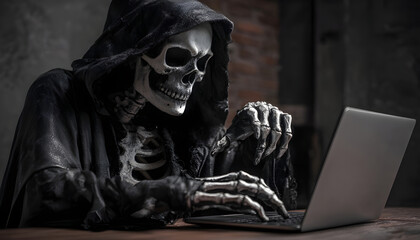 Grim Reaper of Death finding victim online, Internet scam cybercrime fraud, illegal criminal activity on laptop, spam, Halloween cosplay costume, black hooded cape, skull face mask, skeleton gloves