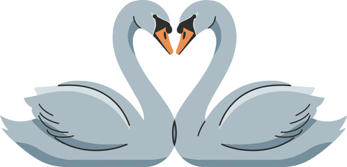 A digital illustration depicts two gray swans positioned to create a heart shape with their necks. 