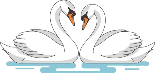 a  stylized illustration depicts two white swans facing each other on calm water, their necks gracefully intertwined. The illustration uses a simplified, almost pixelated art style.