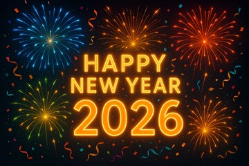 Colorful fireworks display with vibrant confetti celebrating New Year 2026 festivities