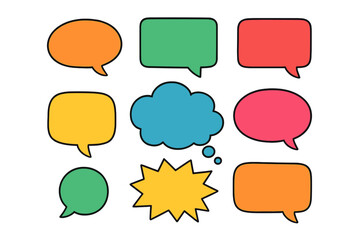 Colorful speech bubbles set. Thought bubble vector pack. Simple talk box for chat or message. Comic cartoon communication icons. Dialogue quote shapes. Flat design element.