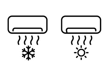 Air conditioner icons showing cooling and heating. Minimalist line art vector illustration of a climate control system. Cold snowflake and hot sun symbols for temperature.