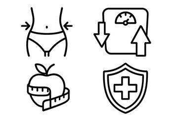 Health and weight loss line icon set. Vector symbols for diet, fitness, and body measurement. Includes scale, slim waist, apple with tape, and medical shield concepts.