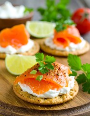 Appetizer of smoked salmon and cream cheese on crackers