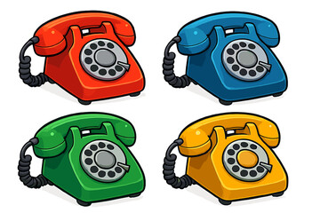 Retro rotary telephone set in vibrant colors. Vector cartoon illustration of classic vintage phones. Old communication technology icon collection. 3D style landline phone.