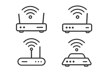 Wifi router line icon set. Wireless internet connection symbol. Network communication modem pictogram collection. Vector signal hotspot equipment illustration for web design.