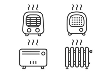 Heater and radiator minimalist line icon set. Home heating appliances. Electric portable fan heater, convector and radiator symbols. Climate control, warm, winter concept.