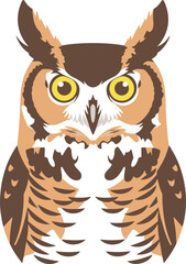 A detailed pixel art illustration of a Great Horned Owl, featuring its characteristic large eyes and ear tufts.