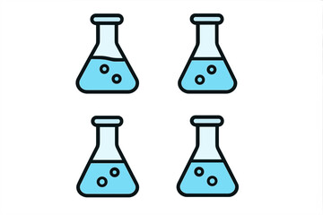 Science lab flask icon set. Chemistry glassware with blue liquid and bubbles. Vector collection of chemical experiment pictograms for web design, apps, and education materials.