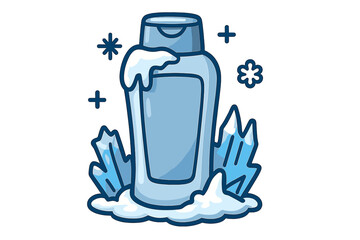 Cooling menthor conditioner or shampoo bottle with ice and snow. Vector icon for hair care cosmetics. Refreshing cold effect product concept for winter hygiene and beauty.