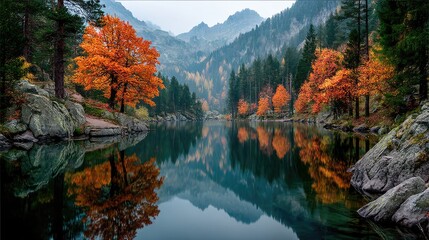 Obraz premium Autumn Trees Reflecting in Lake, Mountainous Landscape, Forest in Background.