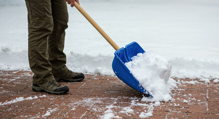 Man clearing a walkway with a blue snow shovel