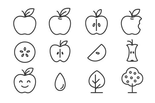 Apple fruit thin line icon set vector illustration. Collection of simple outline icons: whole, half, sliced apple, core, seed, and tree. Healthy food pictogram. Editable stroke.