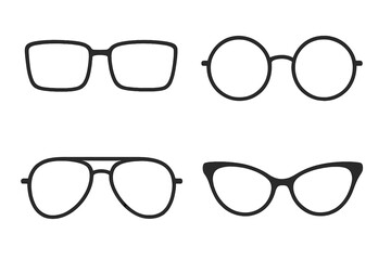 Eyewear collection vector set. Minimalistic outlined glasses design with various frame styles. Fashion accessory icons. Aviator, cat-eye, round and rectangular shapes.