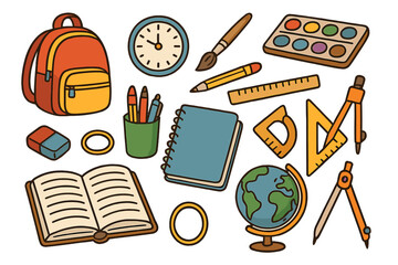 Big set of school supplies. Back to school concept with backpack, globe, book, notebook, ruler. Education icons collection for students. Vector cartoon illustration flat design.