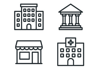 Building icon set. Outline icons of apartment, bank, store, hospital. Urban public buildings. Simple line vector symbols for real estate, finance, retail, healthcare.