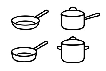 Cooking pot and frying pan line icon set. Simple kitchenware and cookware vector illustrations. Saucepan, casserole, and skillet symbols for kitchen and restaurant design.