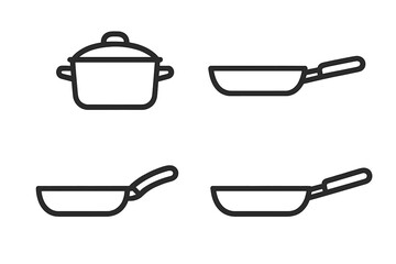 Cooking pans and pots icon set. Simple line art vector of kitchen cookware. Frying pan, saucepan, skillet symbols for culinary design, restaurant menu or food blog.
