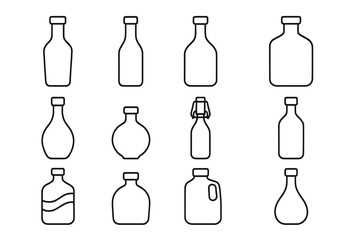 Bottle line icon set. Vector collection of glass and plastic containers. Minimalist outline symbols for drink, beverage, and liquid packaging. Editable stroke graphic elements.