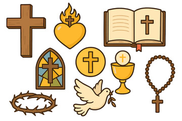 Christianity religion symbol collection. Catholic faith icon set with cross, holy bible, rosary, dove, sacred heart, crown of thorns, chalice and Eucharist. Vector illustration.