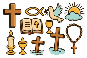 Christian religion symbols icon set. Catholic faith spiritual elements. Cross, Bible, holy spirit dove, Jesus fish, Eucharist chalice, rosary beads, candle, sun. God vector cartoon.